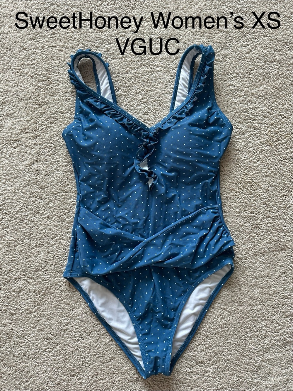 SweetHoney Navy Blue Polka Dot One-Piece Swimsuit with Ruffle Trim